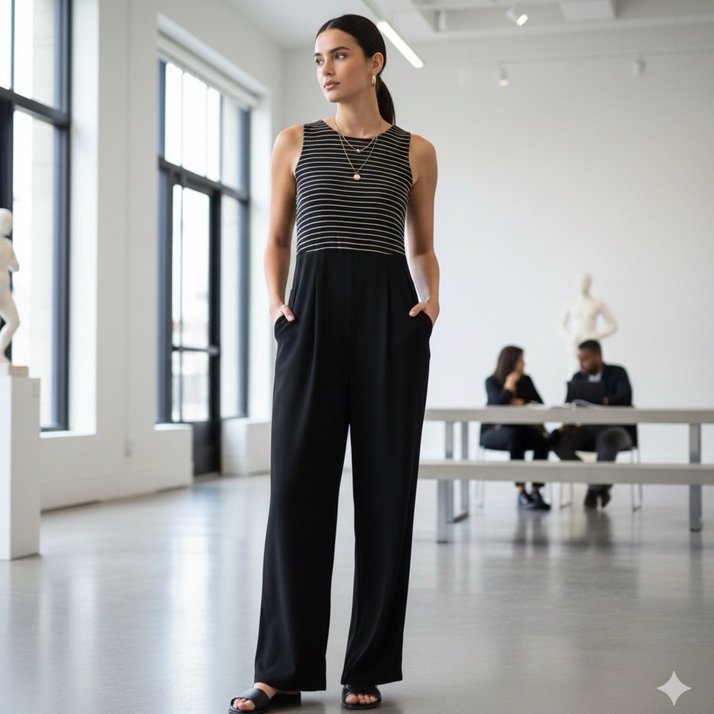 Vintage Sleeveless Jumpsuit in Black with Silver Striped Top Size 9/10 - Picture 1 of 7